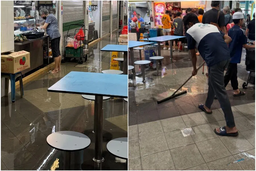 市镇会清洁工到场清理积水。（管雅凡摄）