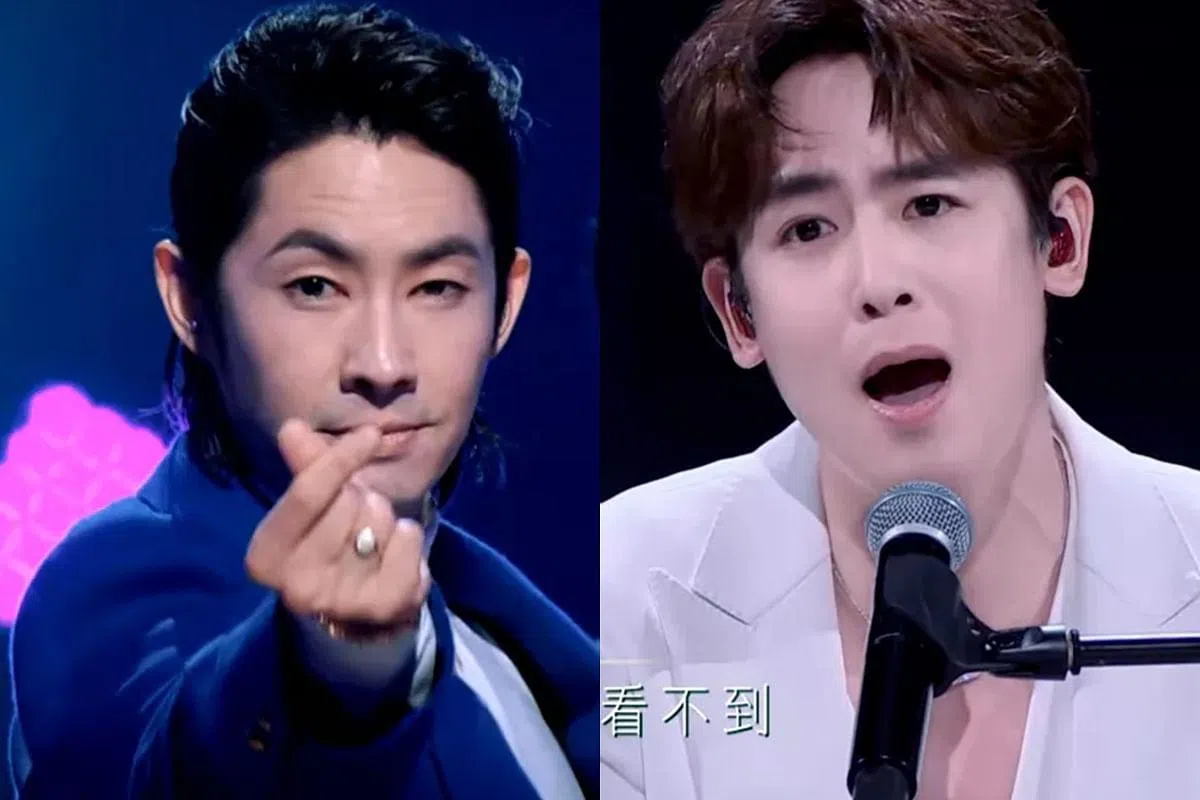 左图：吴建豪表演被指表情最“油腻”。右图： 尼坤唱中文歌曲被认为有诚意。（图片截取自视频）