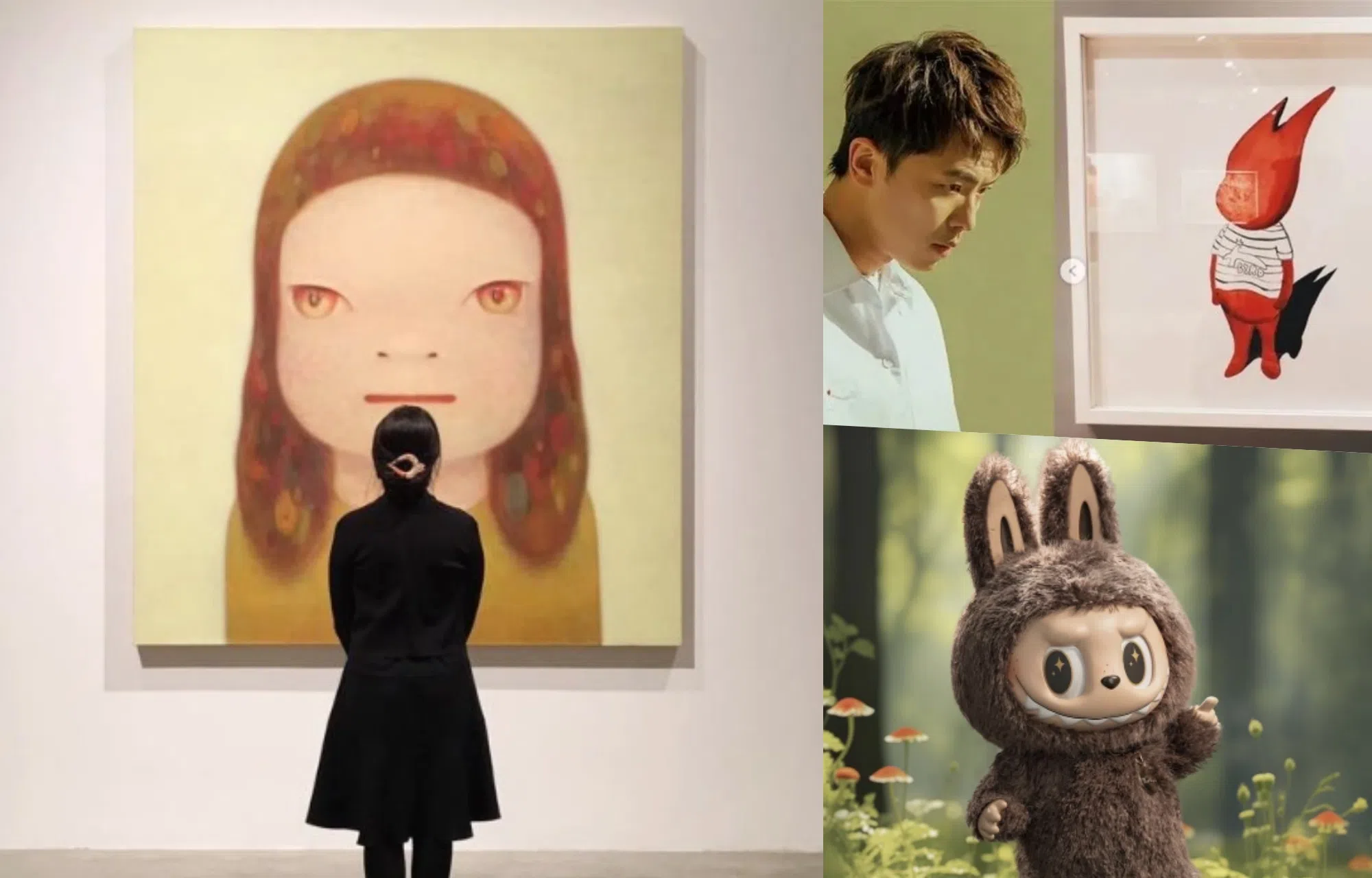 Lily的作品被指像极日本大师奈良美智（左图）、小鬼生前遗作Alien666公仔（右上图）和夯爆玩具Labubu。（互联网）