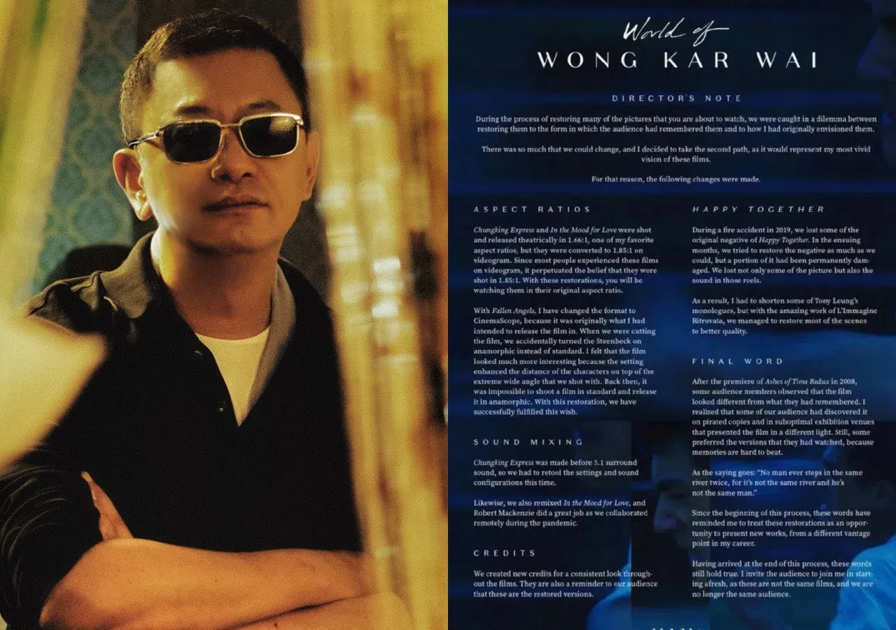 王家卫（左）在新修复作品集附上说明，解释自己二次创作的原因。（互联网）