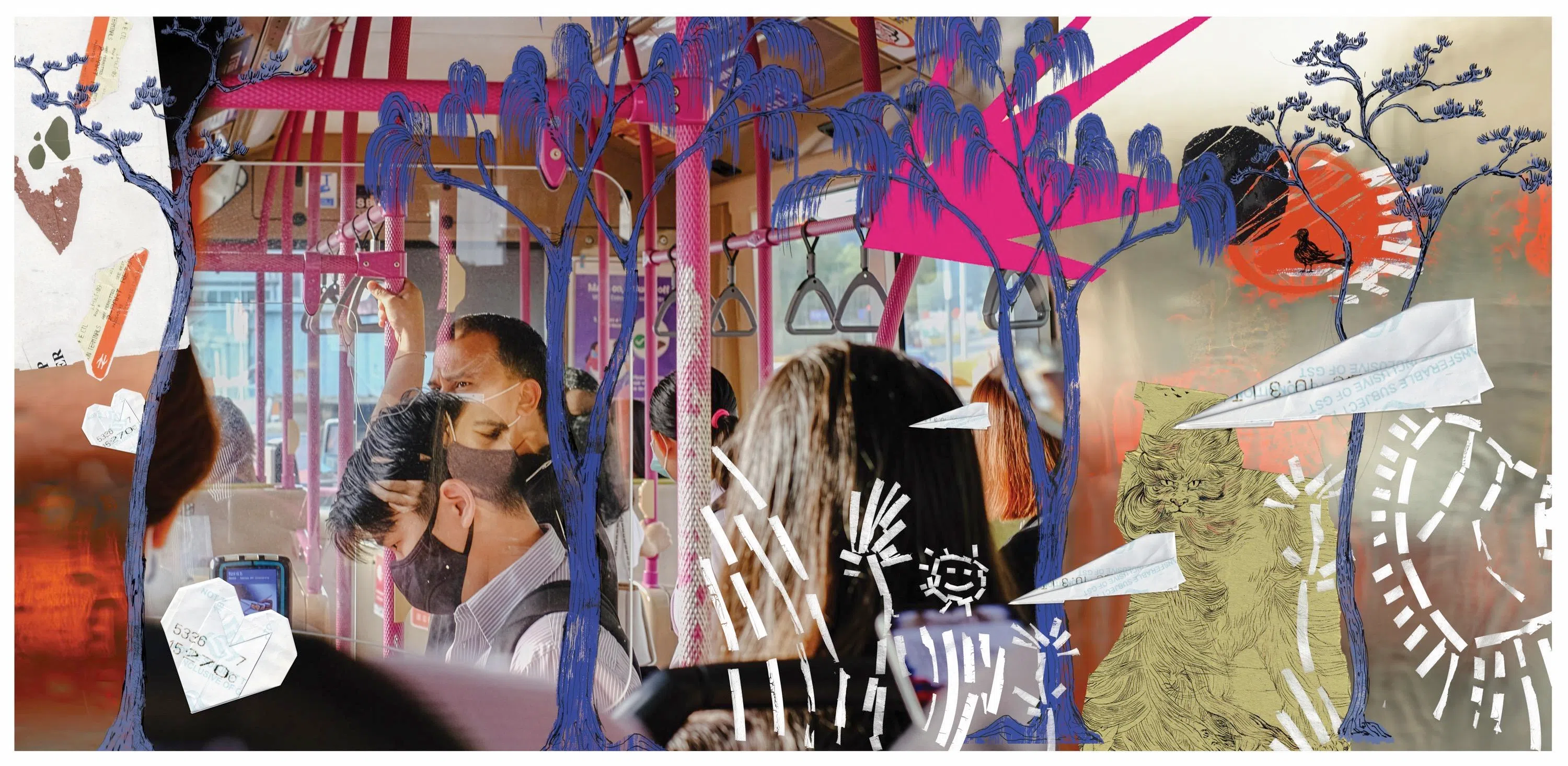设计师余欣颖在《按铃》这件作品中，描绘乘客一路睡到终点、车厢人潮逐渐散去等场景，记录陌生人在同一空间短暂相遇后留下的痕迹。（陆交局与艺理会提供）