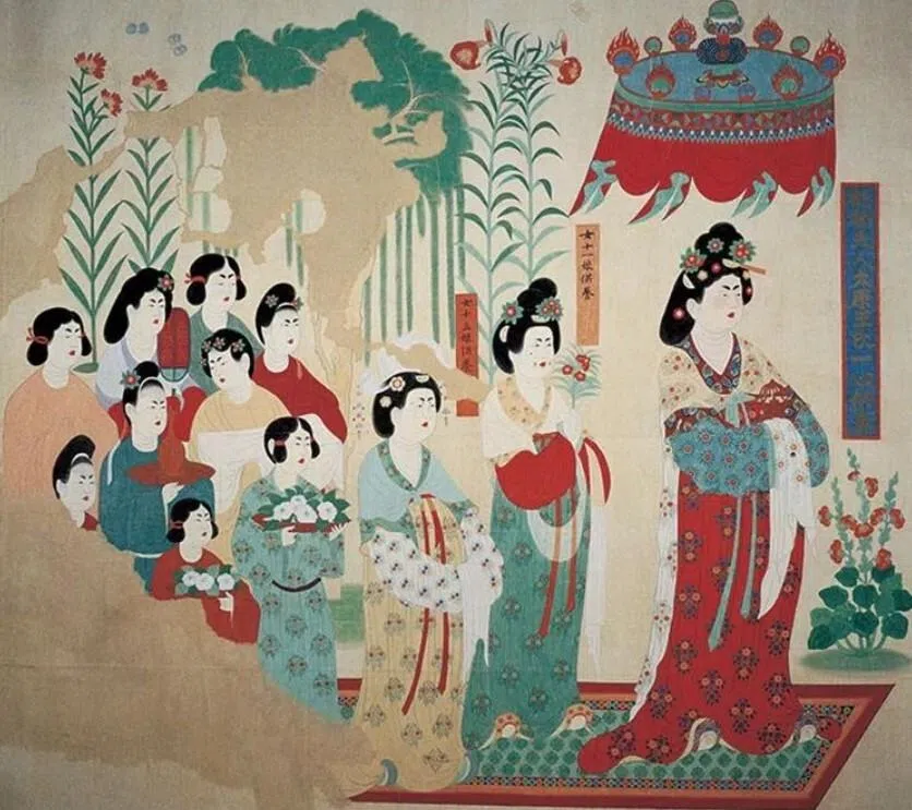 莫高窟第130窟的都督夫人礼佛图（临摹品），盛唐。（敦煌研究院）