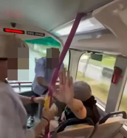 一名反戴鸭舌帽、戴眼镜的男子（左一）出面劝架，声称自己是警员，并挡在冲突双方之间，劝大家冷静。（取自脸书页面ROADS.sg）