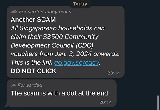 今年1月初，有人散播一则WhatsApp短信，指新一轮价值500元的社区发展理事会邻里购物券是骗局。事实上，短信内所提供的链接go.gov.sg/cdcv，是正确的。社区发展理事会和人民协会已针对此事报警。（取自政府科技局网站）