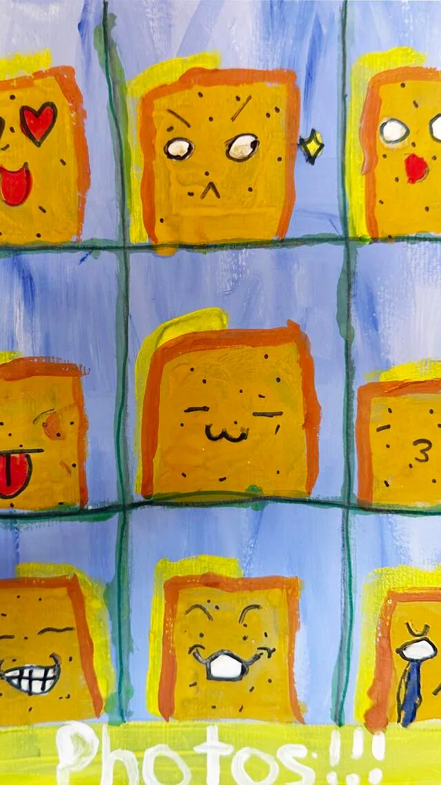 嘉诺撒天主教小学（Canossa Catholic Primary School）学生，创作出以Mr Kaya Toast为主角的“自拍”画作。（天猛公艺术基金会提供）