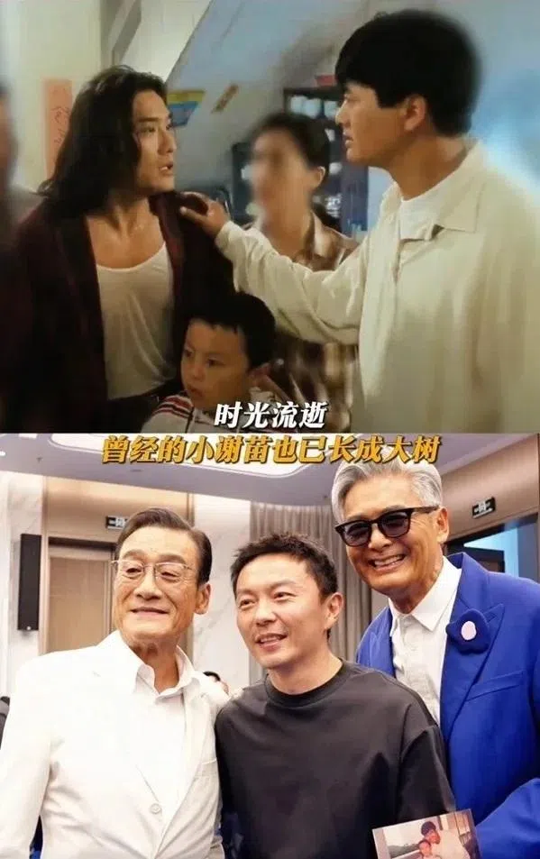 梁家辉（上图左一，下图左）、谢苗（（上图左二，下图中）和周润发（上图右，下图右），当年合演《赌神2》，并在32年后喜相逢。（互联网）