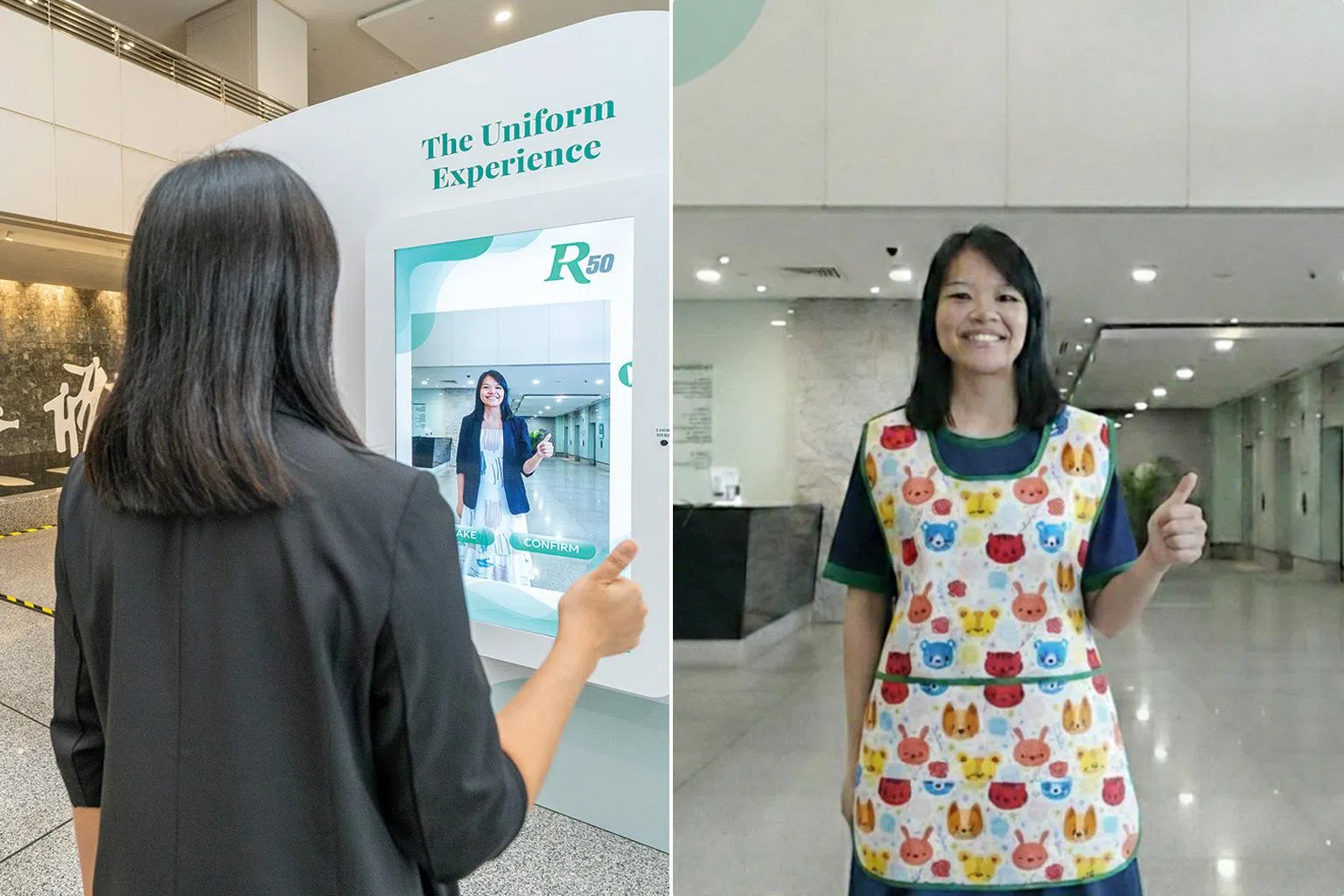 莱佛士医疗集团的50周年历史回顾展现场设置互动体验区，让参观者虚拟穿上医护人员制服拍照留念。（莱佛士医疗集团提供）