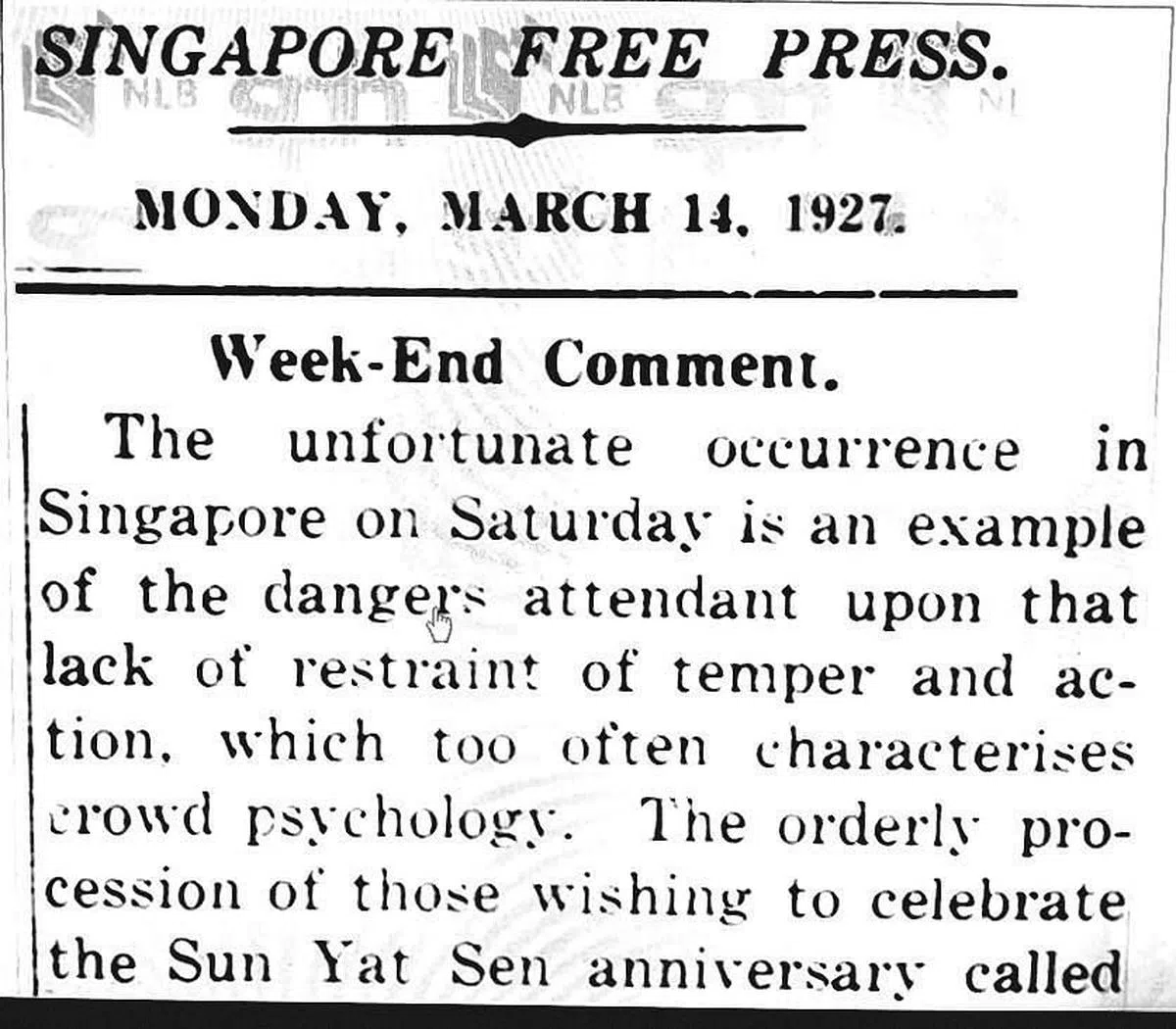 1927年3月14日《自由西报》对暴动事件的报道与评论。