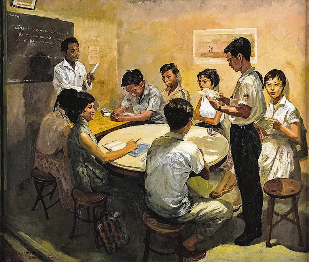 国家美术馆馆藏蔡名智油画《国语课》（1959），正在二楼星展新加坡展厅展出。（国家美术馆提供）