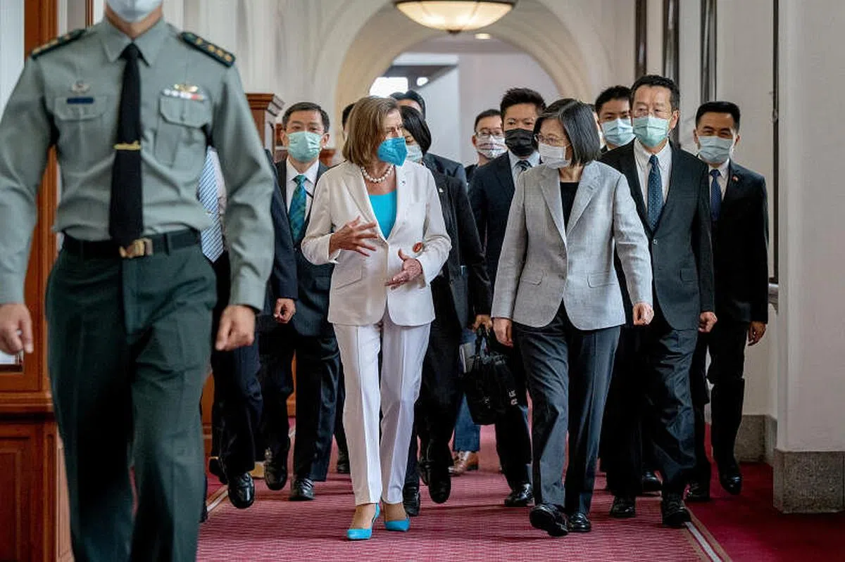美国众议院议长佩洛西8月3日与台湾总统蔡英文在台北的总统府会面。（路透社） 