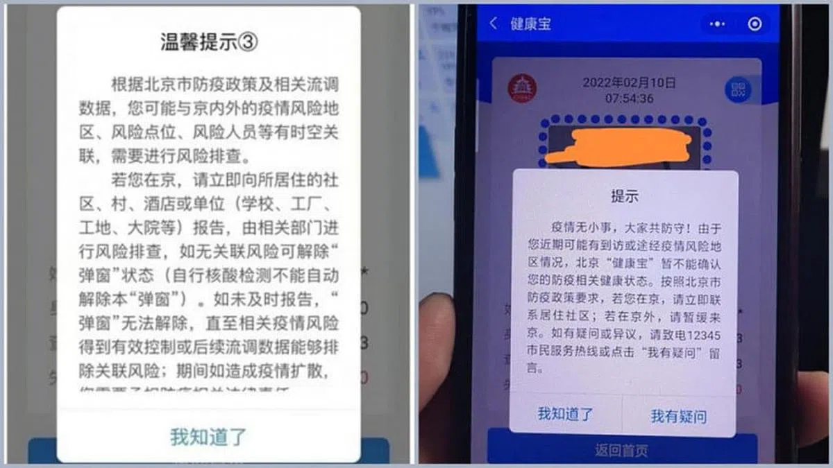 中国民众俗称“弹窗”的健康码提示。（互联网）