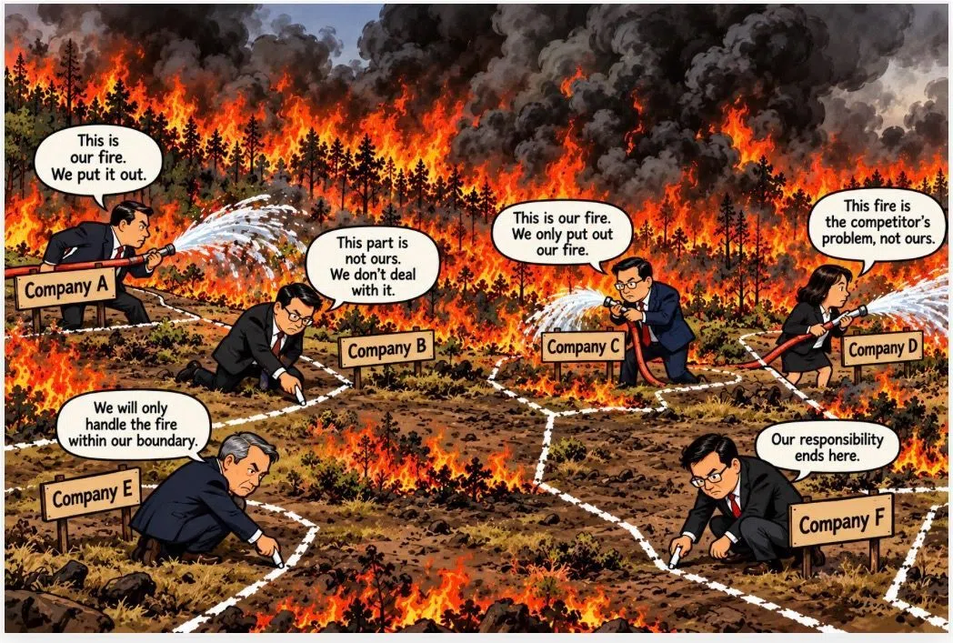 漫画中的企业在林火蔓延的当儿划分界限、各自为政，都认为起火处不是自己的责任。（麦润田提供）