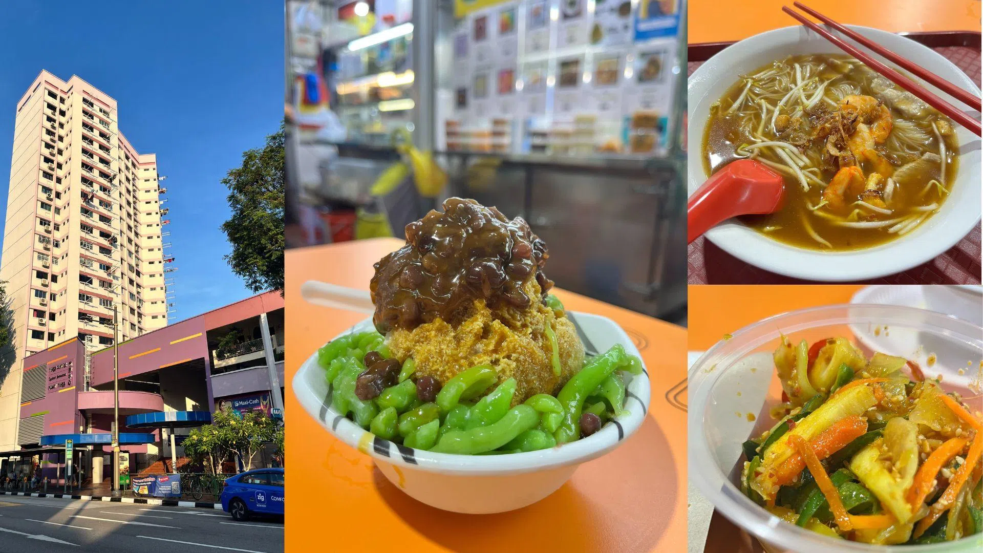 早餐要吃好吃饱，竹脚熟食中心是最好的起点。图中美食包括（左二起）545黄埔虾面，以及Auntie Alice的浆绿和阿渣（achar）。（陈映蓁摄）