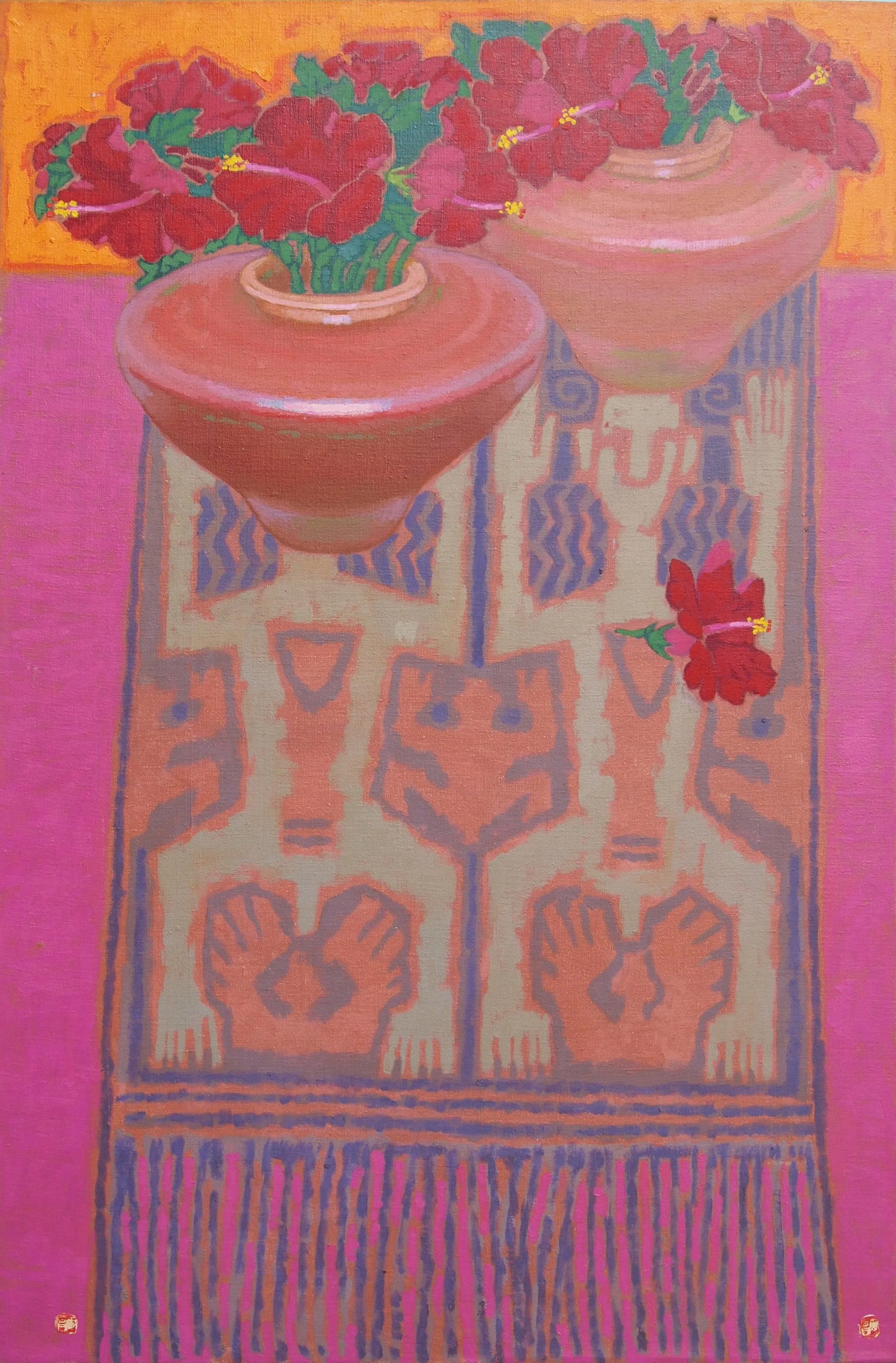邓尔昌静物花卉油画《朱槿之恋》（1989）。（海卉艺苑提供）