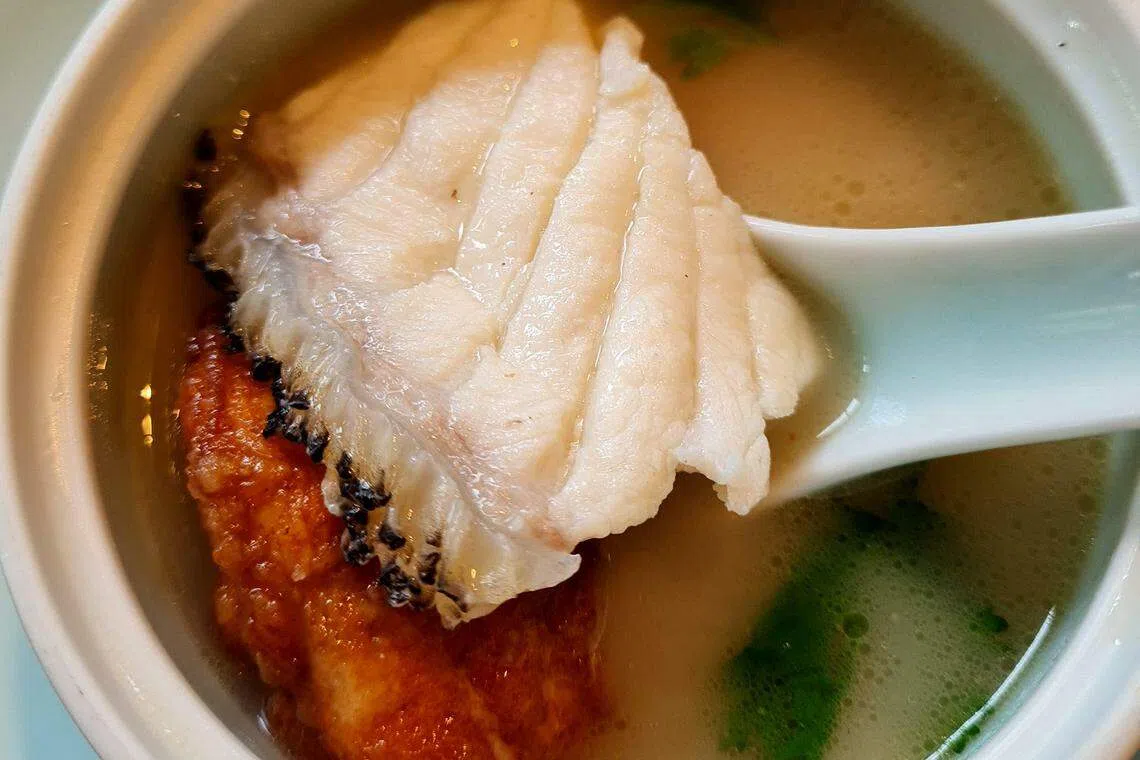 深海龙趸鱼片汤以猪肉和龙趸鱼骨慢火炖煮八小时。（叶晓虹摄）