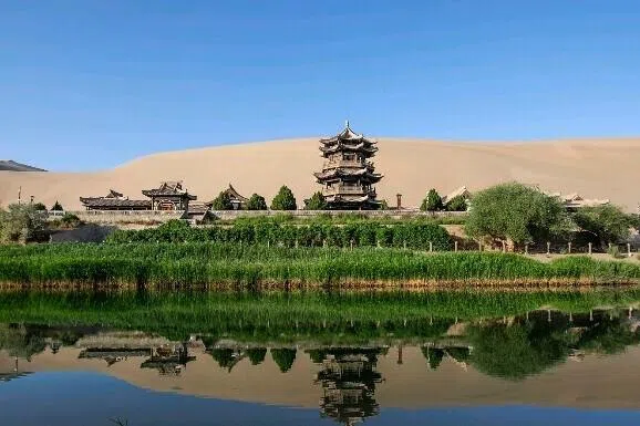 宁夏沙坡头的绿色植被，是近70年人工治沙与生态修复的成果。（宁夏中卫沙坡头旅游景区官网）
