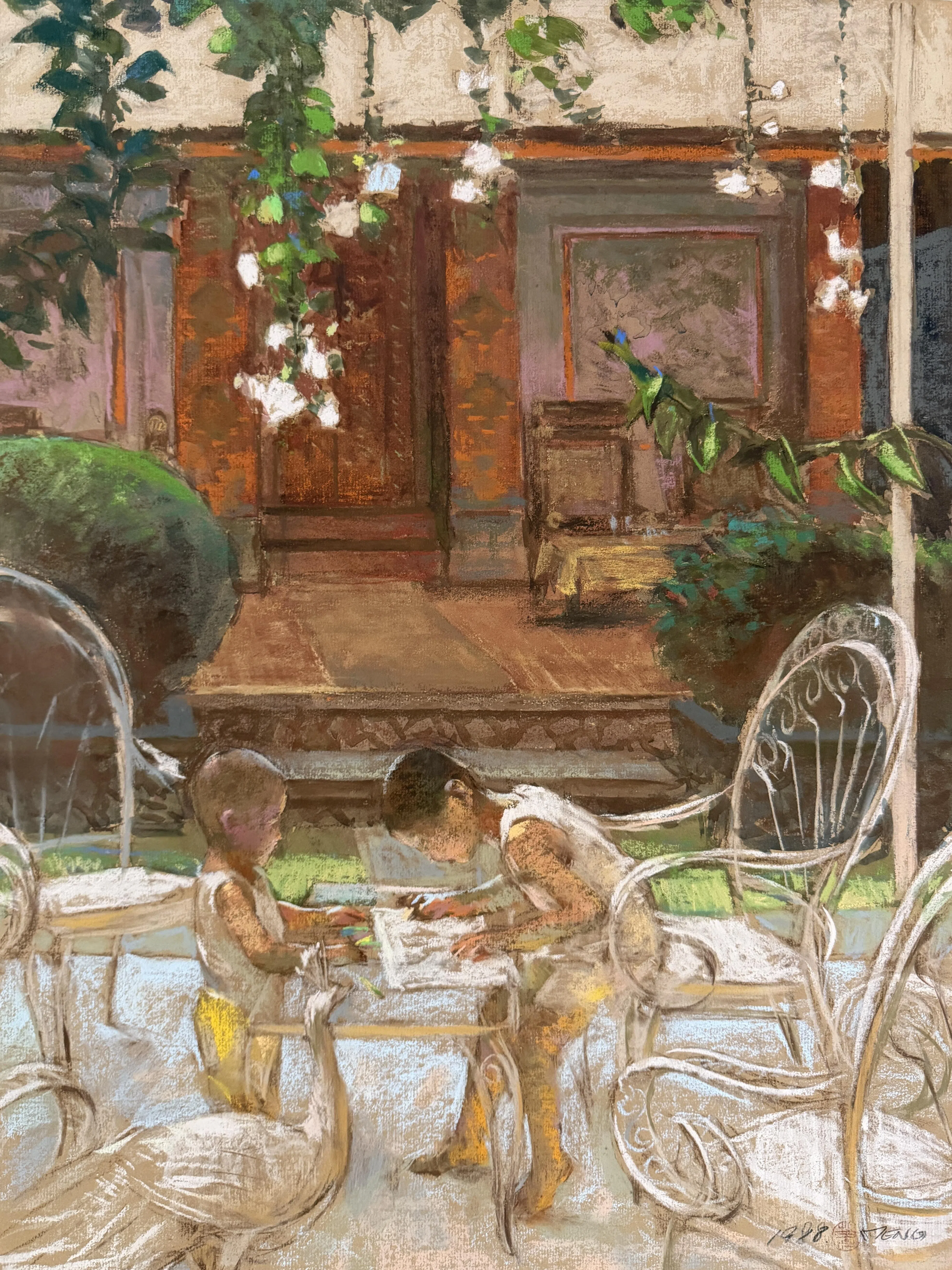萧学民粉画《稚子共闲书》（1988）。（海卉艺苑提供）