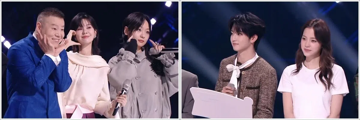 岳云鹏（左图左起）、郁可唯和周笔畅在发布会上摆出可爱的表情。右图为本季最年轻的歌手穆祉丞（左）与欧阳娜娜。（截图自节目微博直播）