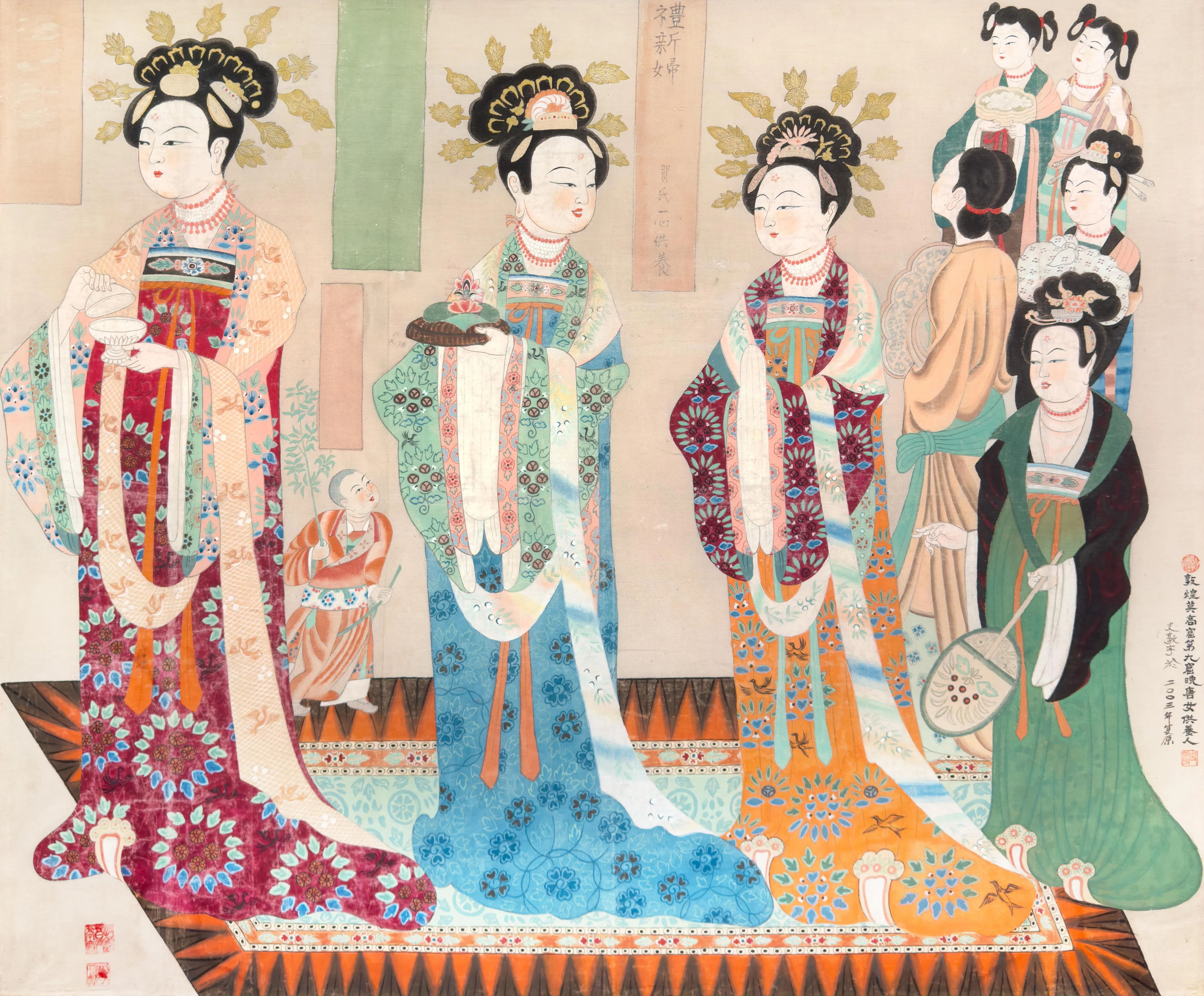 史敦宇作品《三位贵妇》（晚唐·莫高窟第9窟）（2003），以红、蓝、绿、赭等浓色重现唐代贵族女性供养人的身份与风尚。（史敦宇）