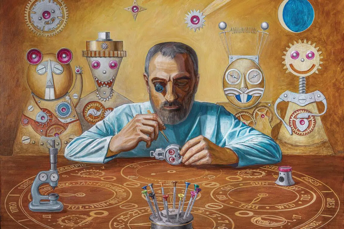 画作“A Mad Horological Party”源起《爱丽丝梦游仙境》第七章，蕴涵时间在此失效，逻辑被颠覆之意。（柴金提供）