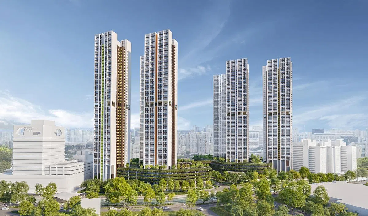 建屋局黄金地段组屋模式下的首个项目——梧槽River Peaks I & II坐落在惹兰勿刹地铁站旁。李智陞说，津贴回收率不会人为设限，但考虑到津贴回收率与额外津贴挂钩，如果某个黄金地段须投入高额津贴才能负担得起，当局就得考虑在那里兴建组屋，是否善用了纳税人的钱。（建屋局构想图）