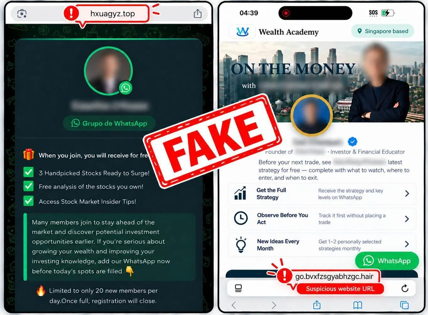 公众点击广告后，会被引导至外部网站，再转到WhatsApp聊天或私人对话，与冒充投资专家或财务顾问的诈骗者联系。（新加坡警察部队提供）