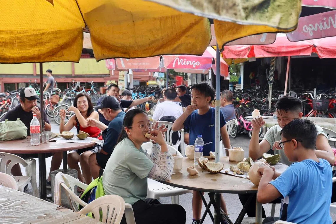 不少公众上岛游览时发现摊主或岛民售卖榴梿，于是顺道买来尝鲜。（邬福梁摄）