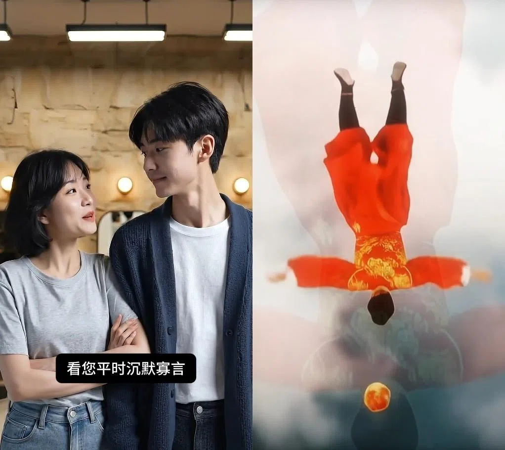 午言媒体推出的多部微短剧如《财神驾到》（右图）都经过AI加持，其中《理发大师》（左图）更是全AI制作。（截自午言媒体Tik Tok）