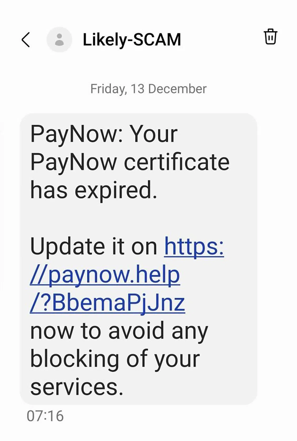 诈骗团伙发来钓鱼短信，声称收件人的PayNow证书即将过期。（新加坡警察部队提供）