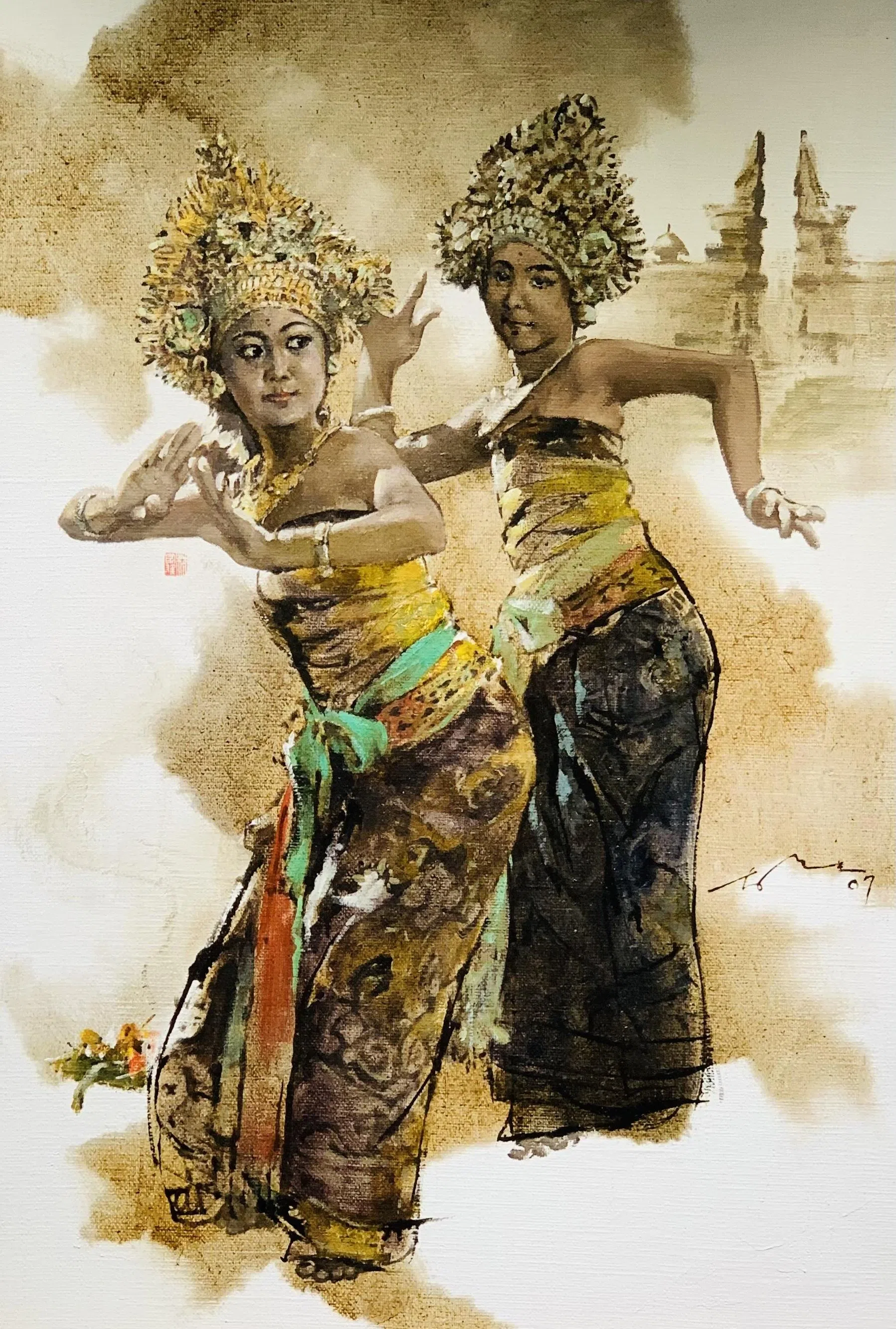 林家雄《峇厘舞蹈》（2008）像水墨画，纱笼运用毛笔笔触以黑色油彩勾勒。（名流艺术画廊提供）