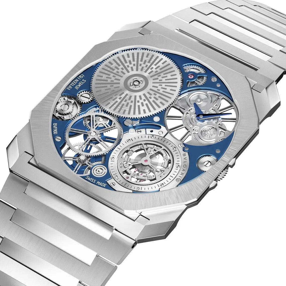 宝格丽Octo Finissimo Ultra Tourbillon Platinum腕表，厚度仅1.85毫米。（宝格丽提供）