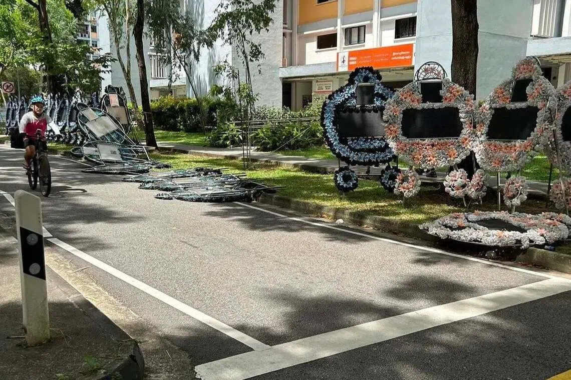 陈圣辉说，一些电子花圈倒在马路上，造成了交通阻碍和安全隐患。（取自陈圣辉脸书）