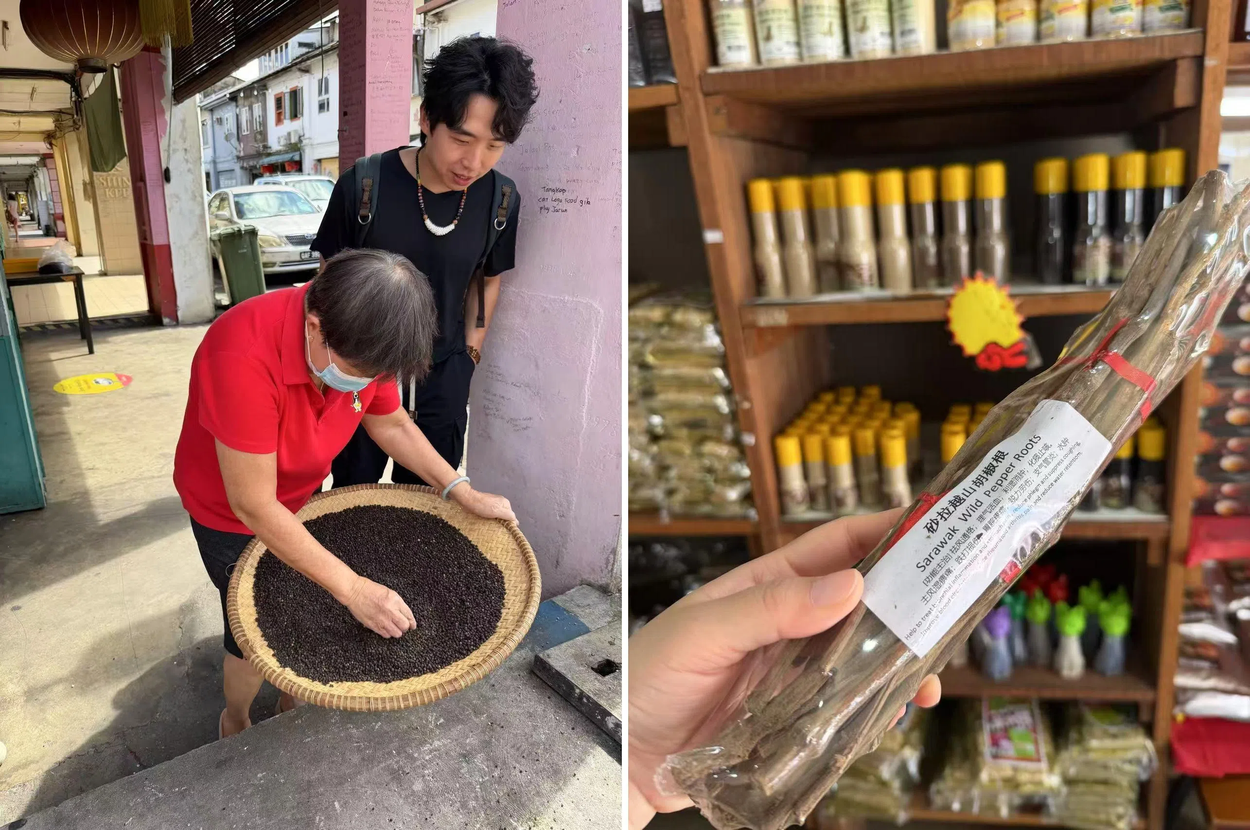（左图）当地人翻晒胡椒粒，去除杂质，保留最纯粹的香气。（右图）砂拉越山胡椒根（顾功垒摄）