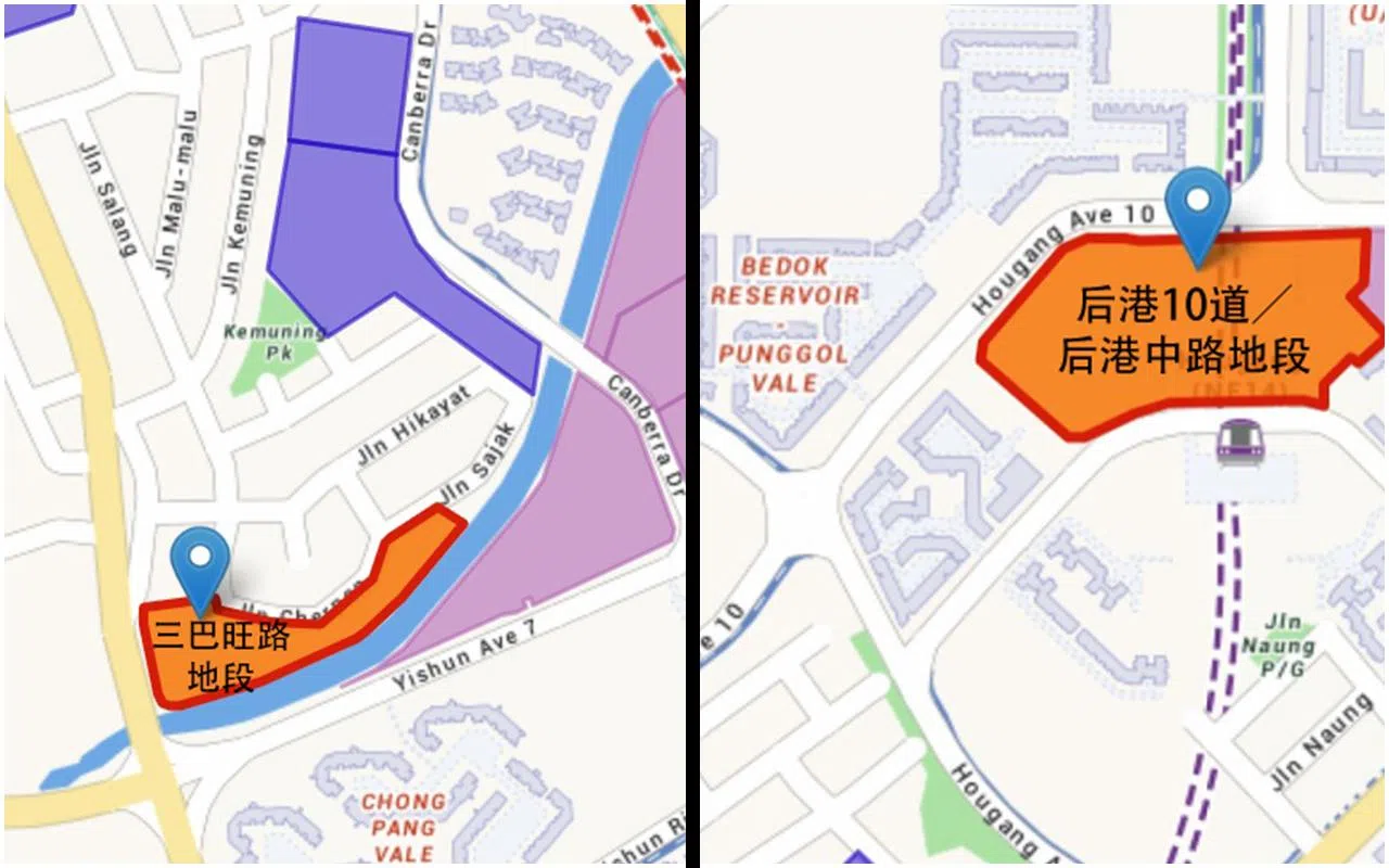 建屋发展局星期四（5月29日）发布文告宣布，在三巴旺路和后港10道／后港中路推出两幅地段供招标。（取自市区重建局地图）