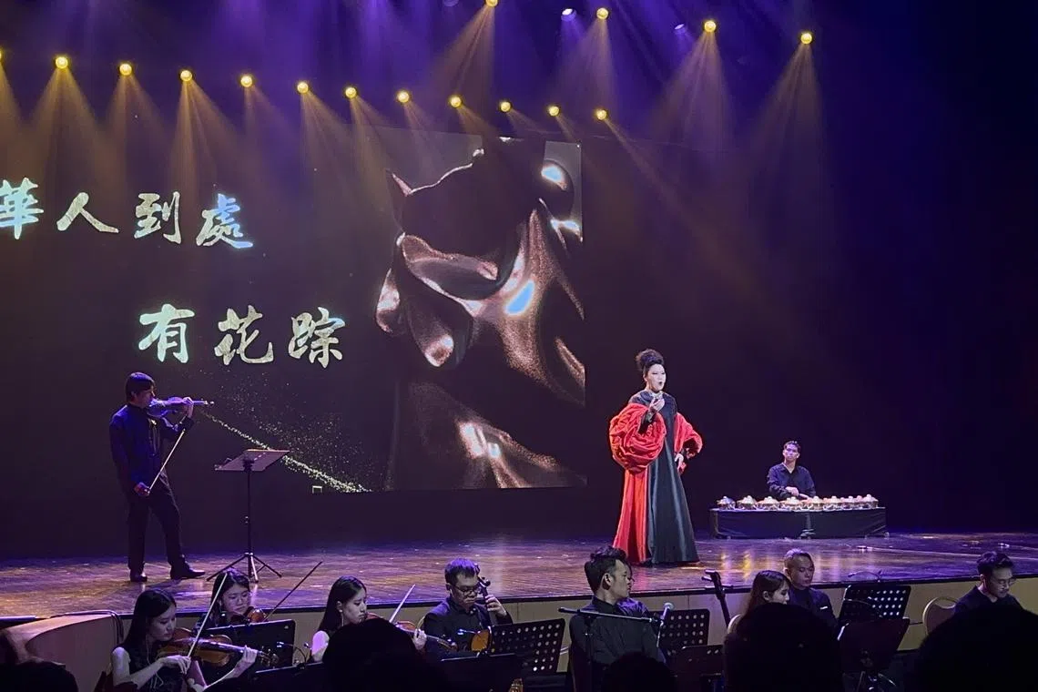 《花踪之歌》演出由马来西亚女高音洪美枫演唱，水土坊乐团与作曲人陈徽崇之子陈光裕伴奏。（孙靖斐摄）