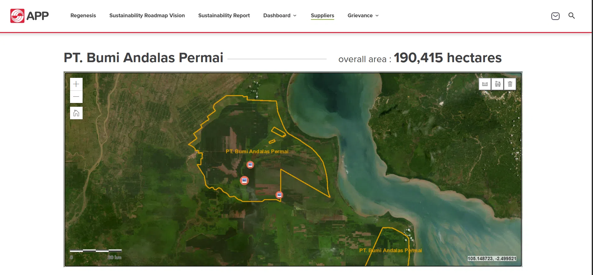 PT Bumi Andalas Permai的工业人工林总面积约为19万零415公顷。（取自亚洲纸浆纸品公司官网）
