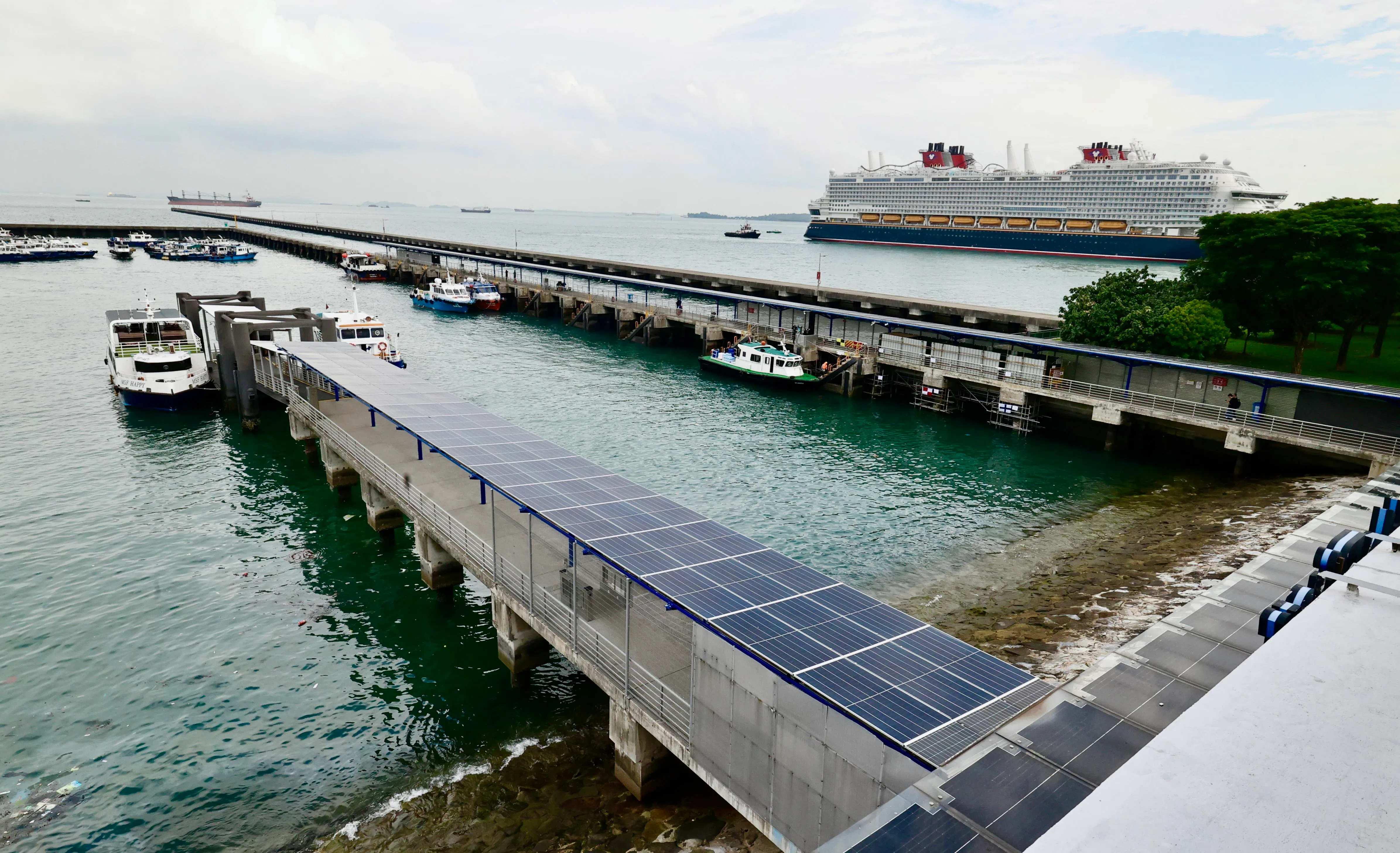 滨海南码头屋顶、天棚和走廊屋檐上安装了1092片高效太阳能光伏板。（周国威摄）