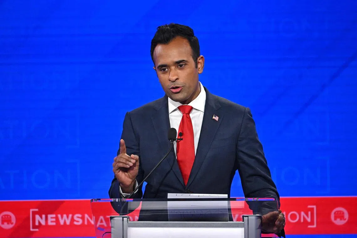 印度裔富商拉马斯瓦米去年曾角逐2024年美国总统大选共和党提名，图为他去年12月6日参加共和党初选第四场辩论。（法新社）