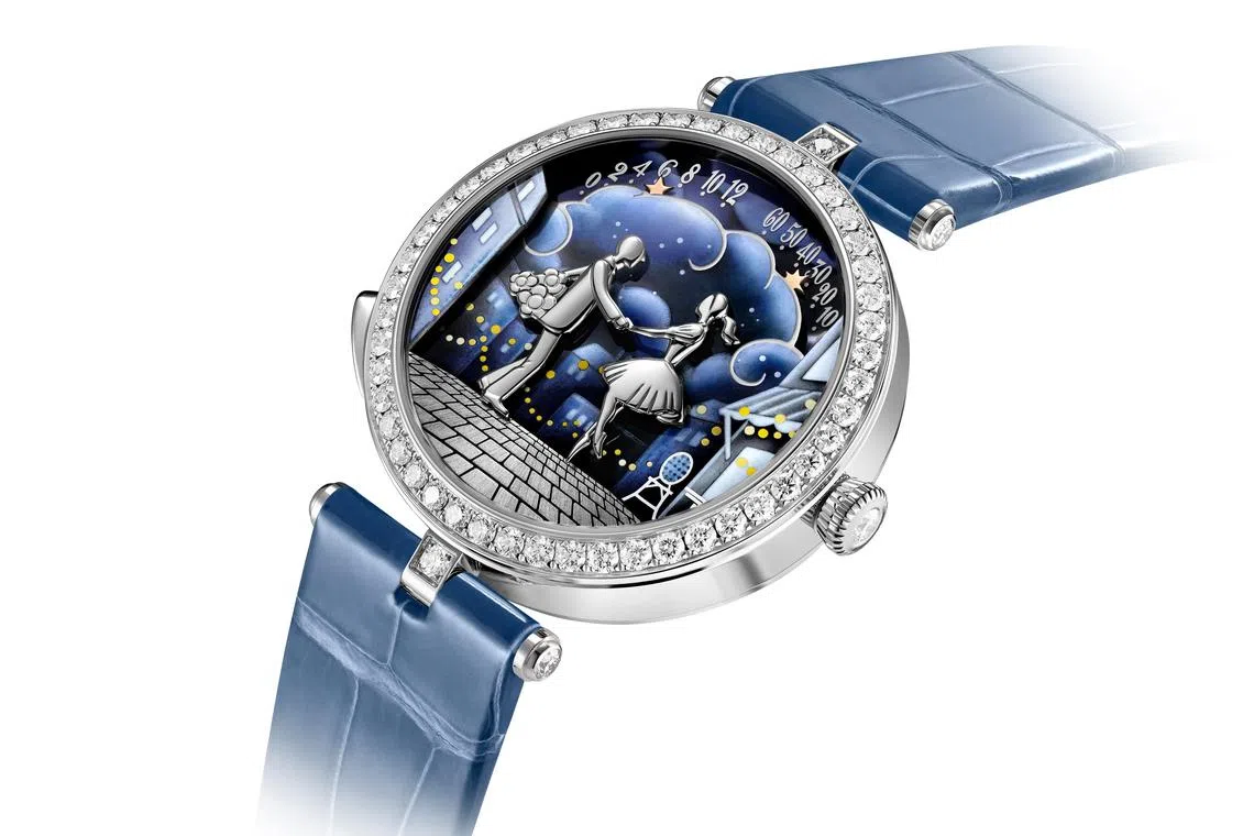梵克雅宝Lady Arpels Bal des Amoureux Automate，以19世纪巴黎露天街角的恋人邂逅为灵感，构建浪漫自动剧场。（梵克雅宝提供）
