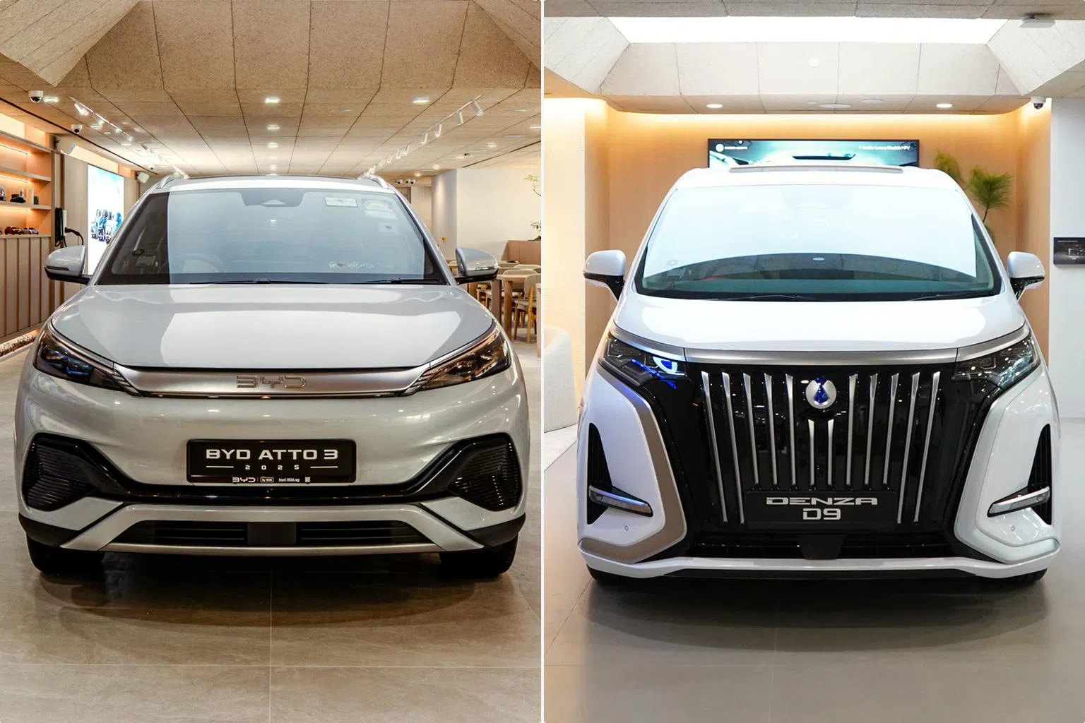 BYD by 1826 @ IMM生活体验空间同时汇聚两大电动车品牌——BYD和DENZA，图见 BYD ATTO 3（左）和 DENZA D9。（BYD by 1826提供）