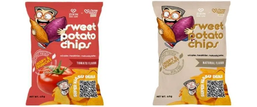 本地番薯品牌NutriRootz携手“怕输先生”推出国庆限定版番薯脆片，分原味和番茄味两种类别。（刘夏宗提供）