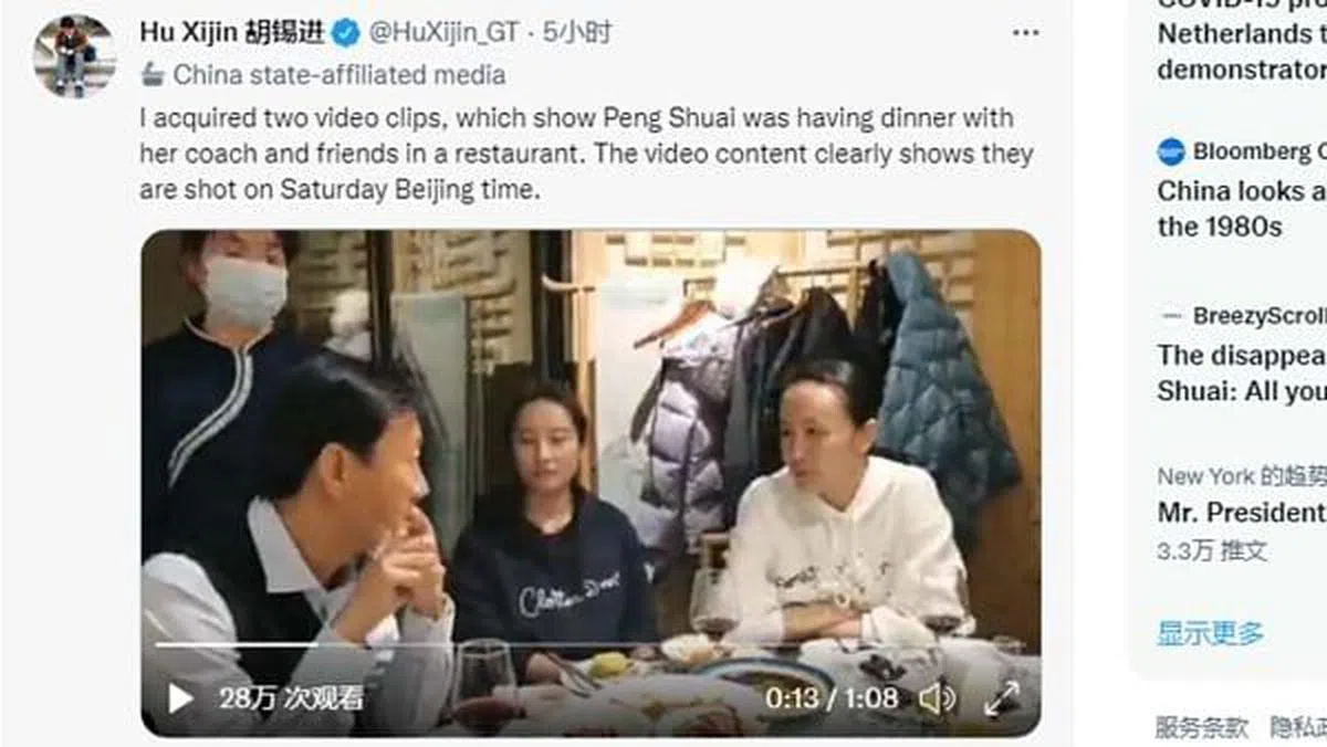 胡锡进在配文中写道：“我得到了两段视频。视频中是彭帅和教练及朋友们在一家餐厅吃晚餐。视频中的内容清楚证明，这是在北京时间周六拍摄的。”（胡锡进推特截图） 