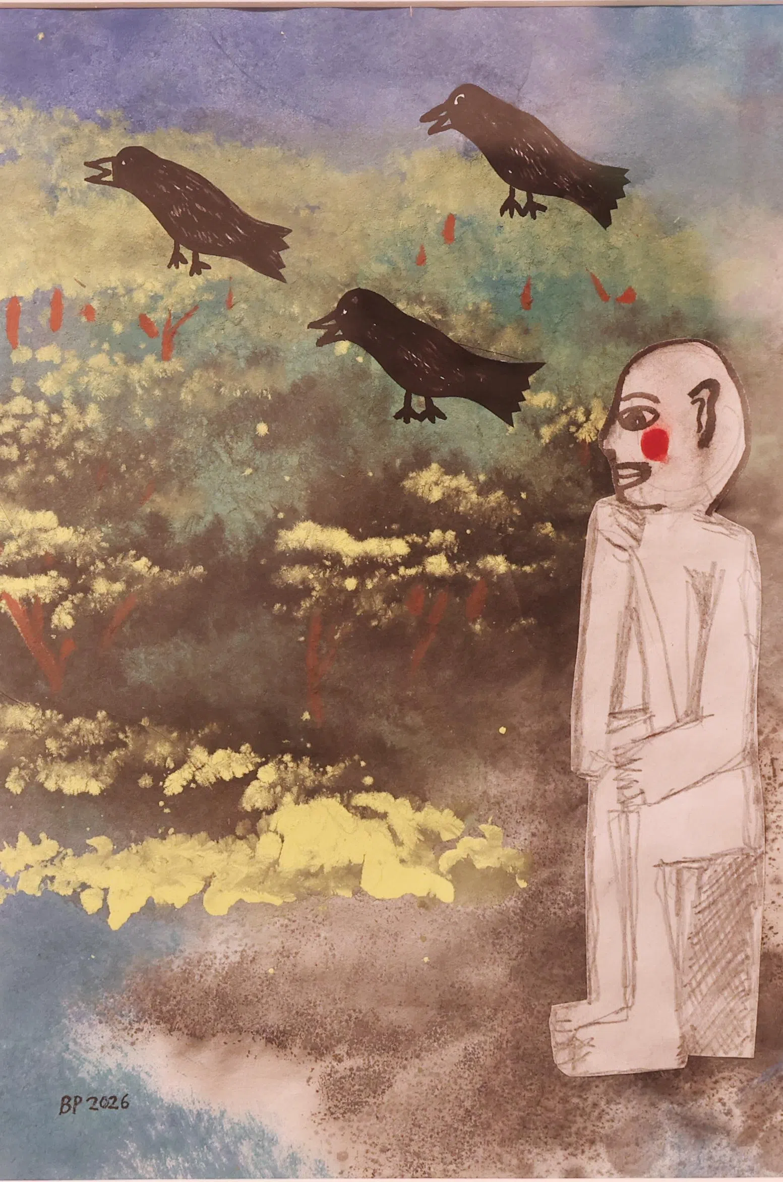 潘家定纸本作品描绘人与乌鸦的关系。（邬福梁摄）