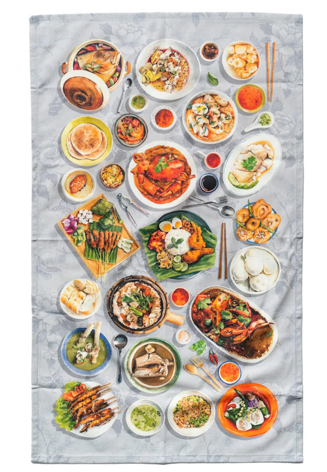 Singlapa将狮城小贩美食印在茶巾上。（品牌提供）