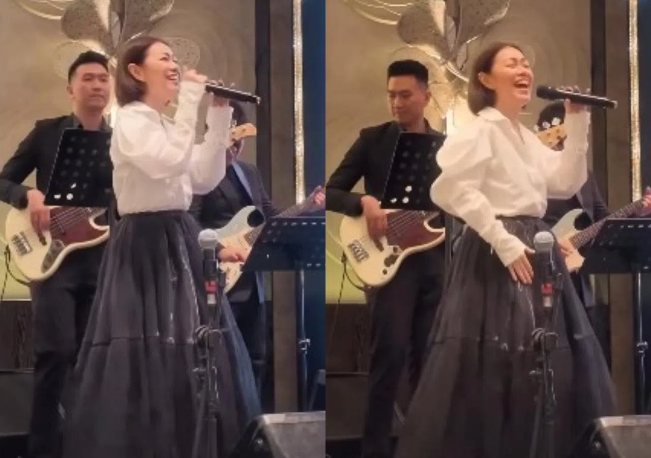 本地歌手董姿彦在台上为好友献唱祝福。（潘嗣敬IG限动视频截图）