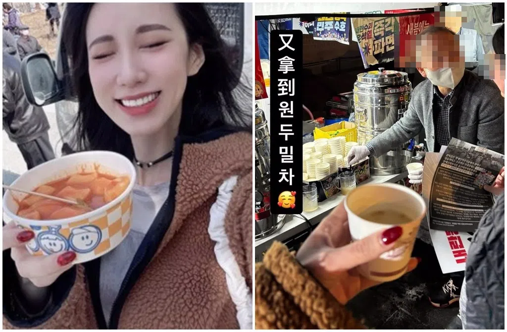 瑶瑶在社媒分享在抗议现场拿到免费食物的自拍，相关贴文已被删除。（取自瑶瑶IG）