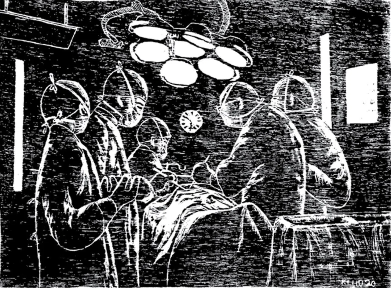 何家良木刻版画《向医护人员致敬》。（画廊提供）