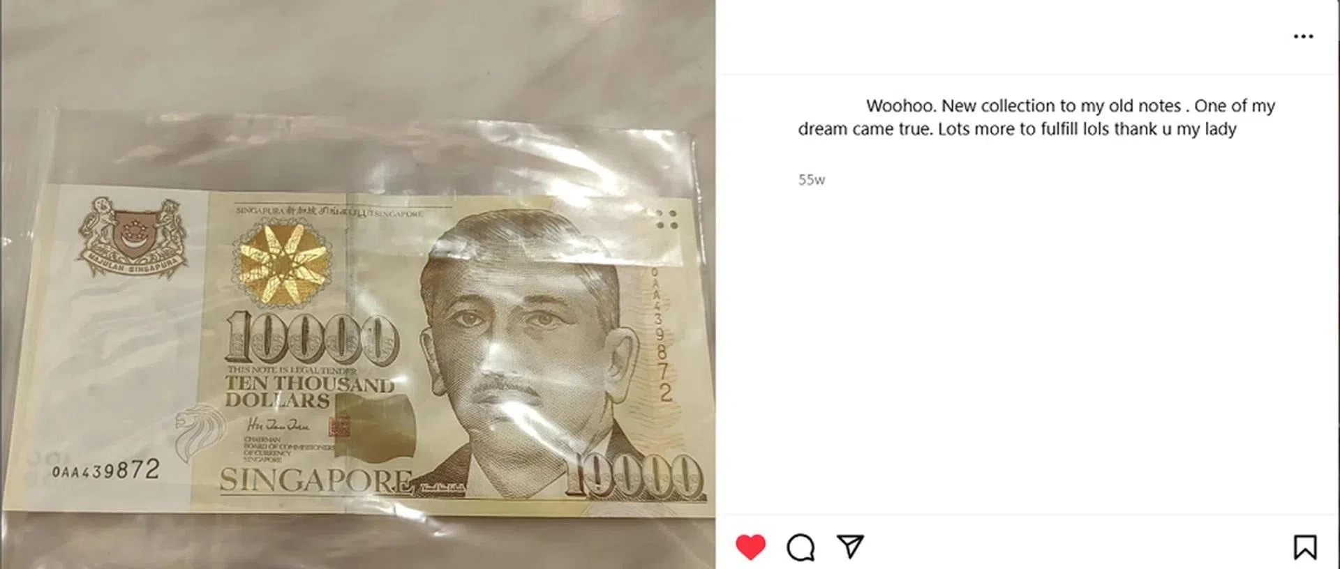 有人就说很开心能收藏到1万新元的钞票。（取自Instagram）