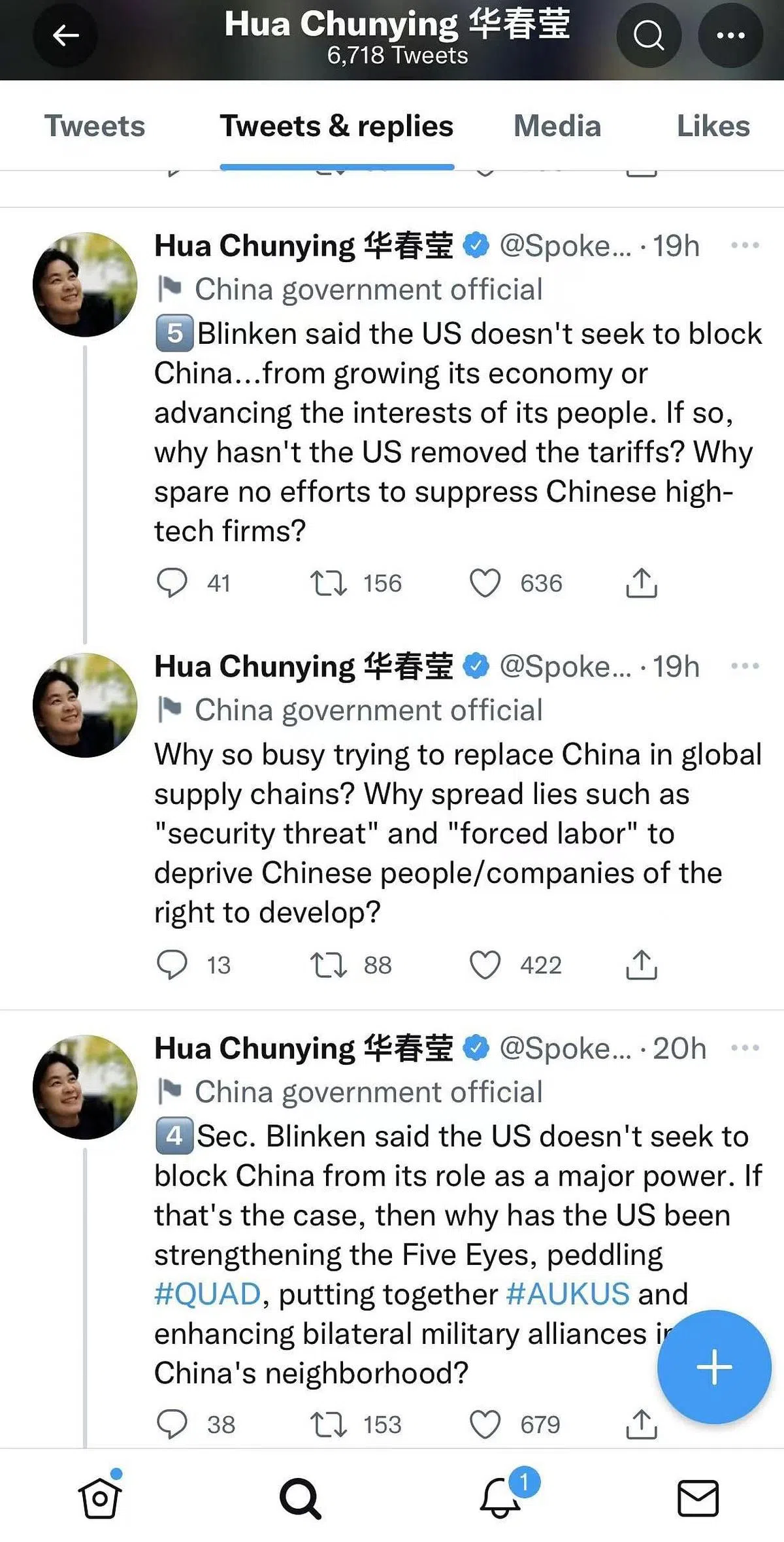 华春莹在个人推特上连发11条推文。（华春莹推特）