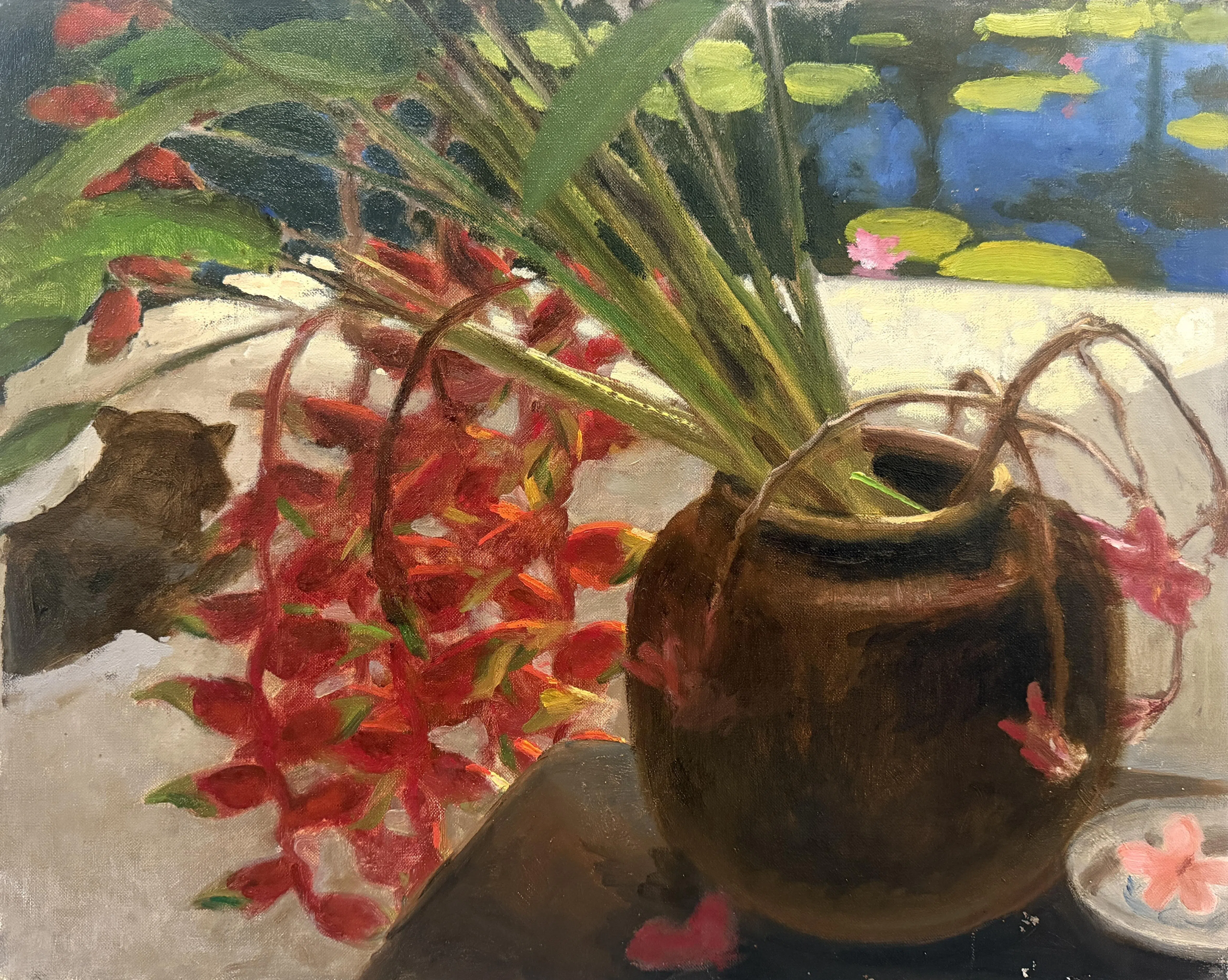 萧学民静物画《池畔小憩》（2002）。（海卉艺苑提供）